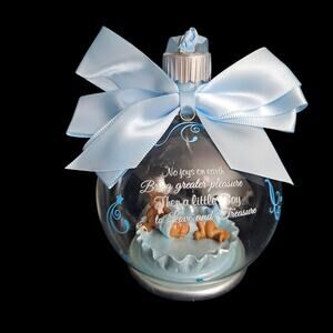 Bradford Exchange Baby Boy Keepsake Glass Ornament w Box Ribbon Teddy Bear